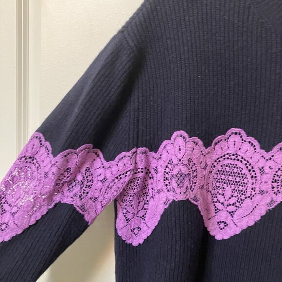 Sandro Paris Wool Lace Insert Sweater Womens 6 Navy Blue Knit Boho Oversized - Picture 3 of 11